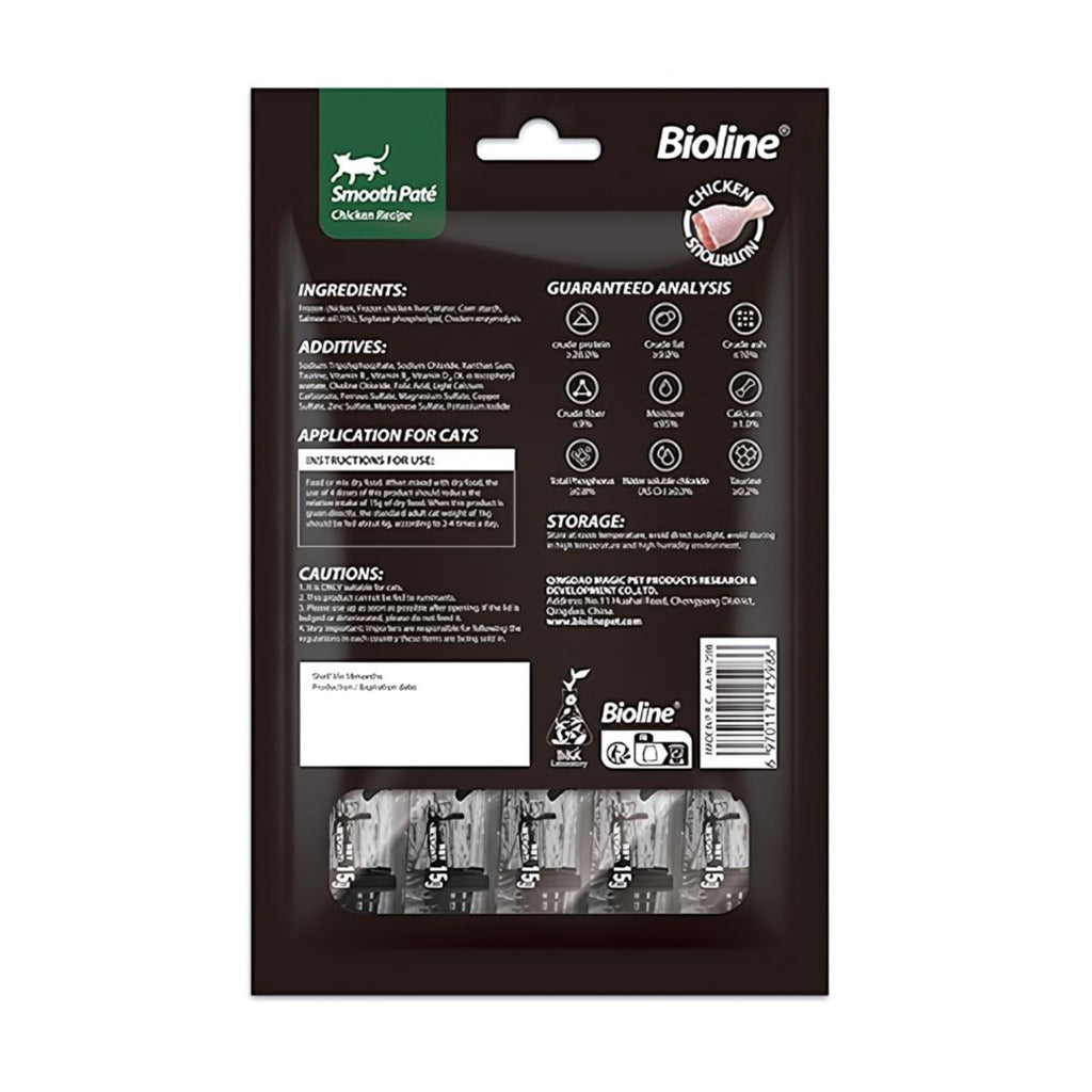 Bioline chicken smooth pate for cats with detailed ingredients and feeding instructions on the back packaging