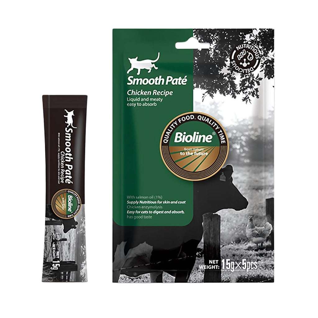 Bioline chicken smooth pate for cats in convenient packaging for easy feeding and nutrition