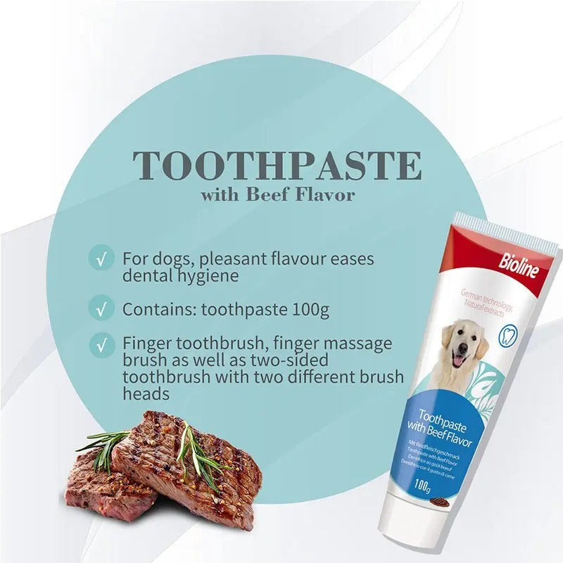 Bioline dental care set for dogs featuring beef-flavored toothpaste and dual-sided toothbrush for oral hygiene