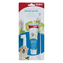Bioline dental care set packaging with mint toothpaste tube and toothbrush