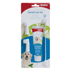 Bioline dental care set mint with toothpaste and brush for maintaining pet oral hygiene
