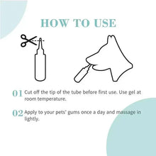 Pet dental hygiene gel directions panel with tube icon and dog brushing graphic