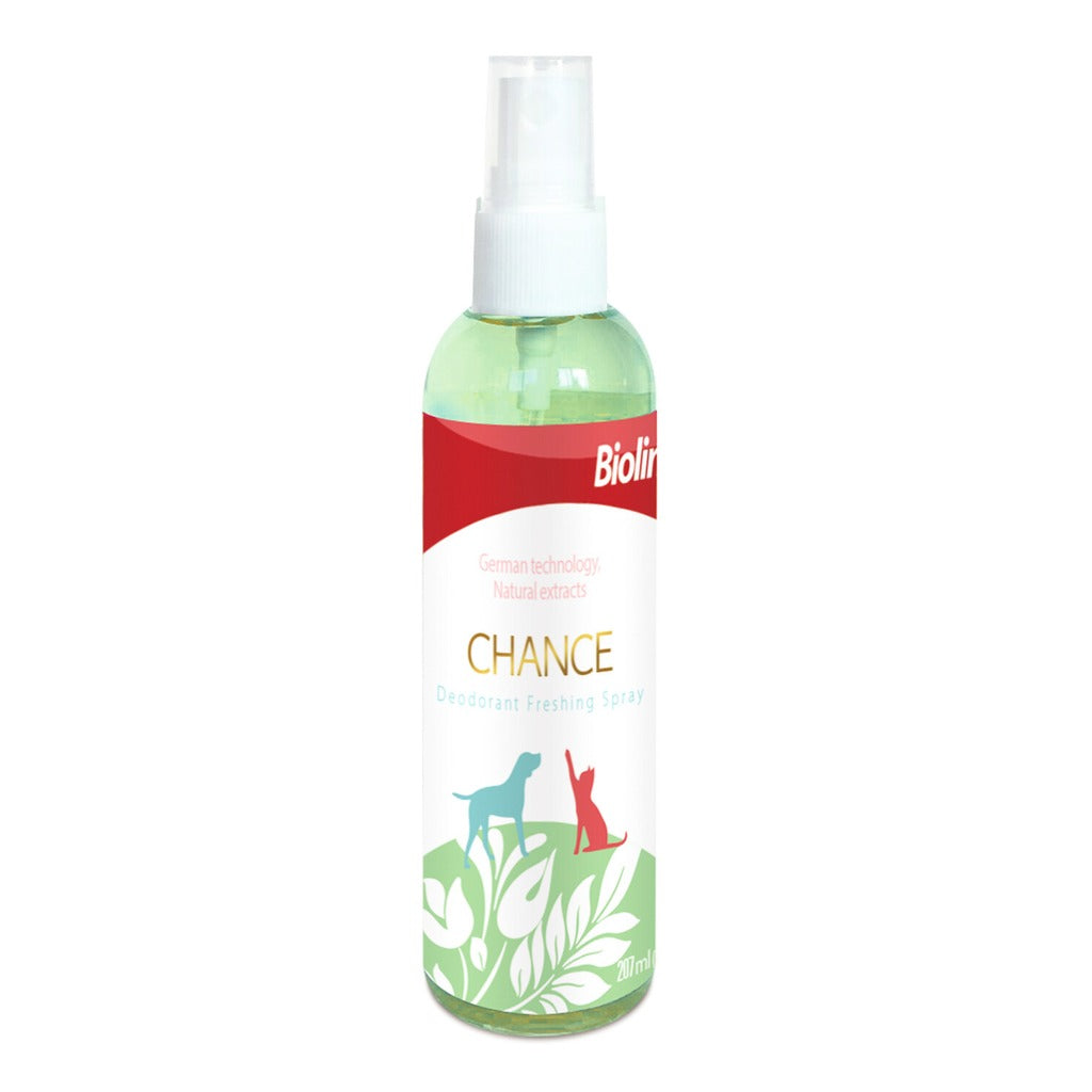 Bioline deodorant freshing spray in a clear bottle, designed to keep pets smelling fresh and clean