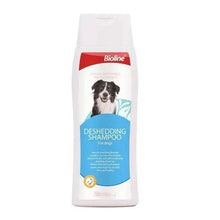 Dog deshedding shampoo bottle, white with red Bioline label, 250 ml