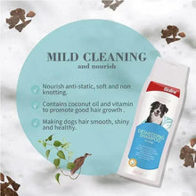 Dog deshedding shampoo bottle beside mild cleaning and nourish text panel