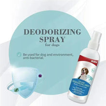 Dog deodorizing spray bottle beside shield and pet scent graphics