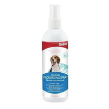 Dog deodorizing spray bottle with pump, Bioline label and dog image
