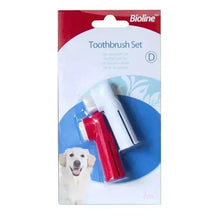 Finger toothbrush set with two finger brushes, red and blue handles