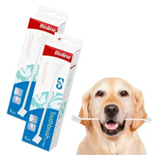 Dog toothbrush set packages with dog holding a toothbrush