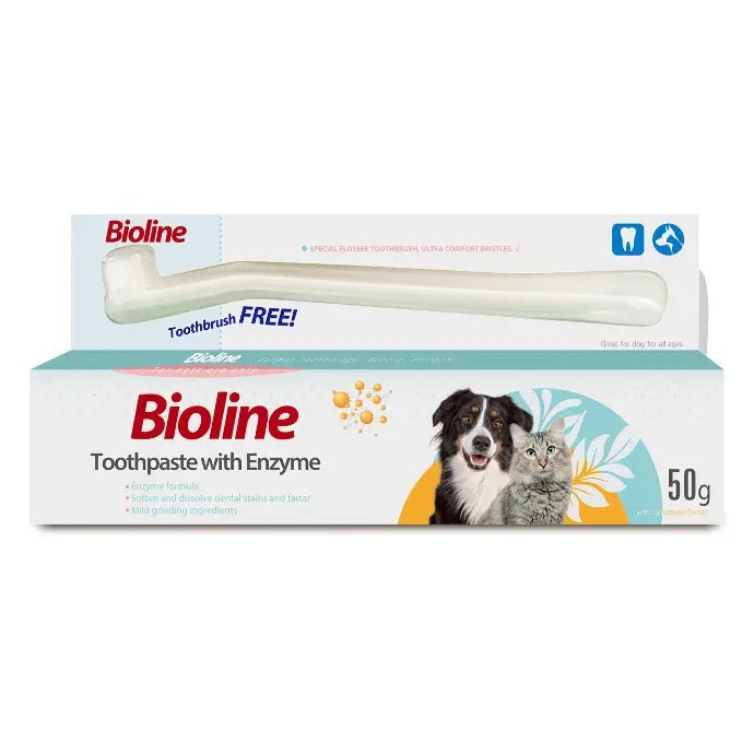 Bioline dog toothpaste 50g with free toothbrush for dogs and cats, featuring enzyme-based formula