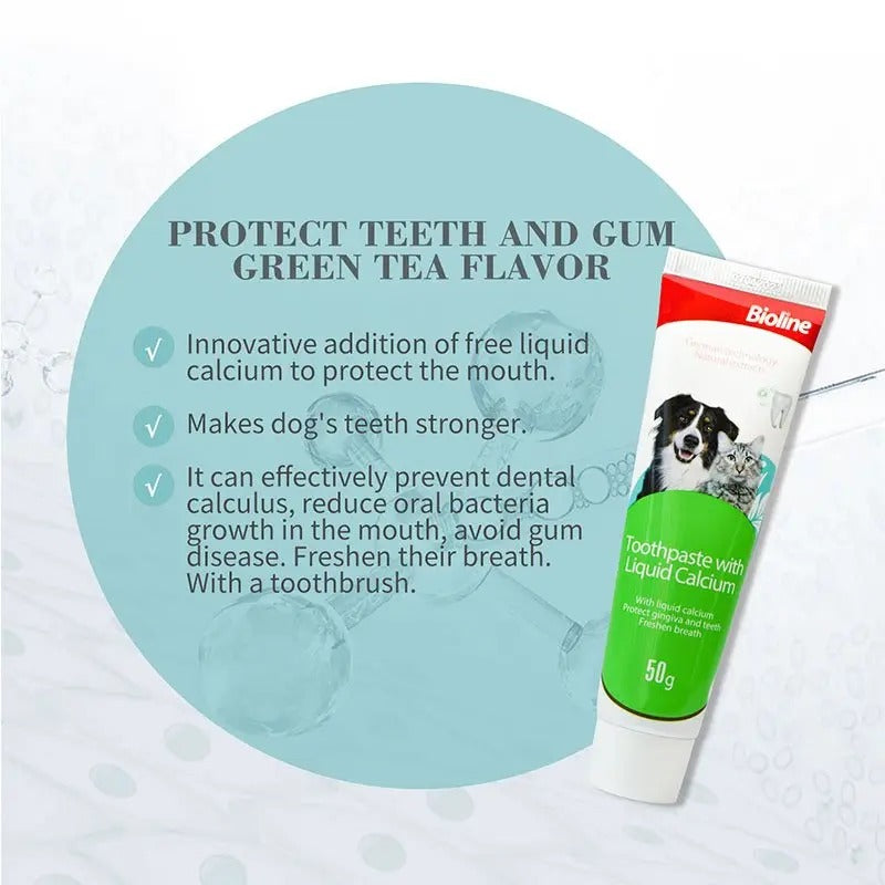 Bioline dog toothpaste 50g with liquid calcium for stronger teeth and fresh breath in green tea flavor