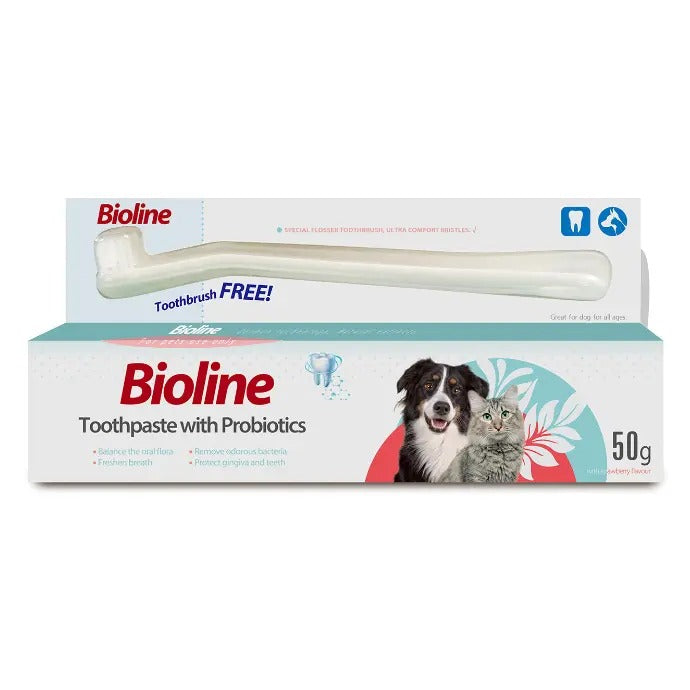 Bioline dog toothpaste 50g with included toothbrush for healthy gums and teeth in pets