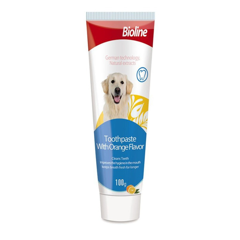 Bioline dog toothpaste orange flavor in a 100g tube, designed for effective dental care for dogs
