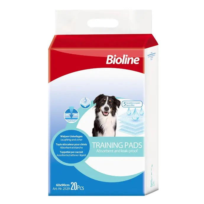 Bioline dog training pads 60x90cm in a pack of 20, absorbent and leak-proof for effective pet training