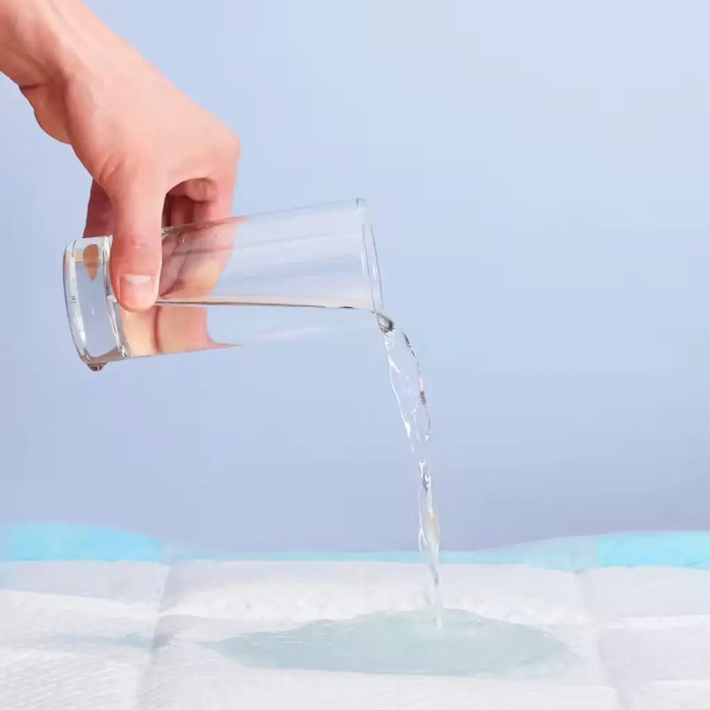 Bioline dog training pads 60x90cm demonstrating high absorbency with water being poured on them