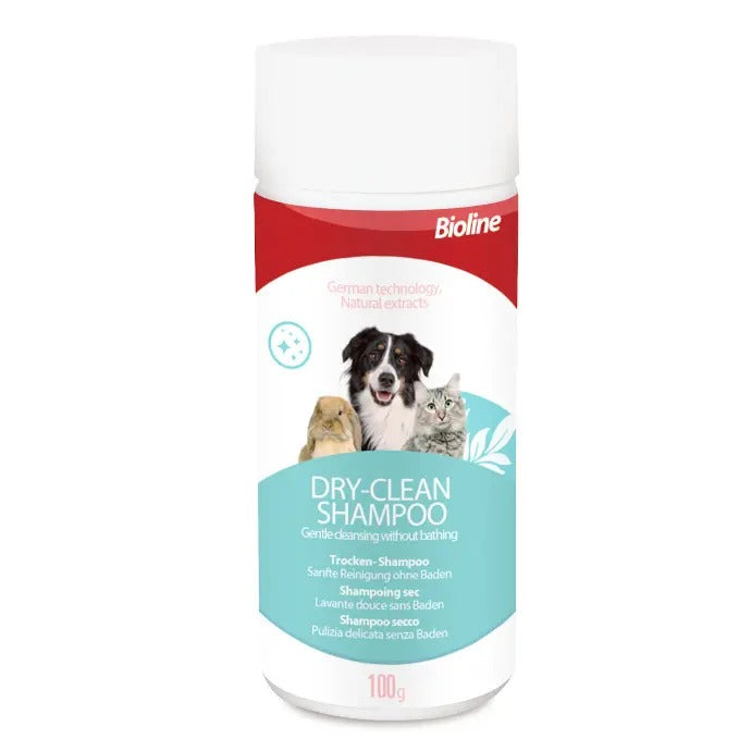 Bioline dry clean shampoo for pets in a 100g bottle, suitable for gentle cleansing without bathing