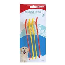 Pet finger toothbrush set, 4 double-head brushes in blister pack, red and yellow handles