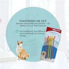 Double-head pet toothbrush set, blister pack with finger brushes, red and yellow bristles