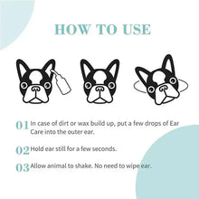 Bioline Ear Care how-to-use panel with dog icons and numbered steps 01–03 for application