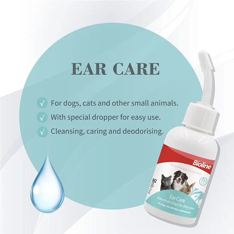 Bioline ear care drops for pets in a bottle, designed for easy cleaning and deodorizing of pet ears