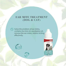 Pet ear mite treatment bottle with teal info circle and magnifier graphic, 30 ml