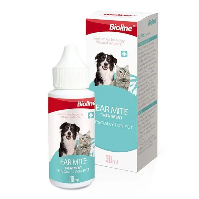 Bioline ear mite treatment for pets in a 30ml bottle with a dropper and packaging