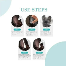 Pet ear mite treatment use steps diagram with ear swabs and dropper bottle