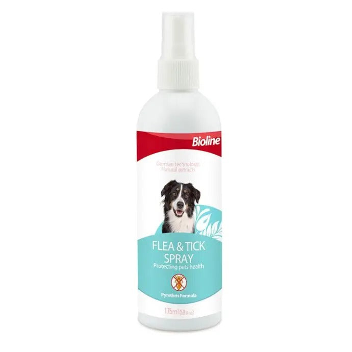 Bioline flea and tick spray for pets in a 175ml bottle with a dog image on the label