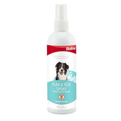 Bioline flea and tick spray for pets in a 175ml bottle with a dog image on the label
