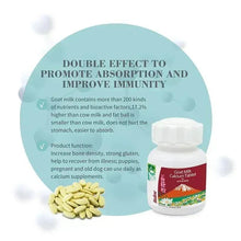 Goat milk calcium tablet bottle with scattered pale yellow tablets