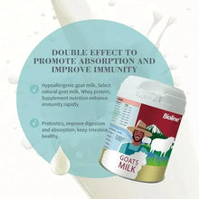 Bioline goats milk powder canister with circular claims text and milk drop graphic