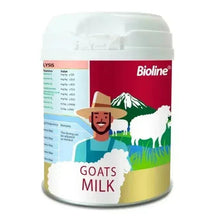 Bioline goats milk powder canister, front label with goats milk graphic