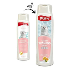 Bioline kitten shampoo bottles, one large and one small, pink label
