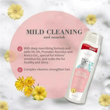 Bioline kitten shampoo bottle with pink label and flower print