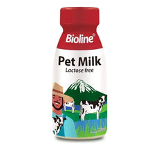 Pet milk bottle with Bioline branding, lactose-free, red cap