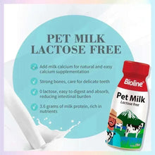 Lactose-free pet milk bottle with Bioline label and nutrition text