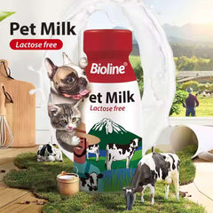 Bioline lactose free pet milk in a bottle with cats and dogs in a farm setting