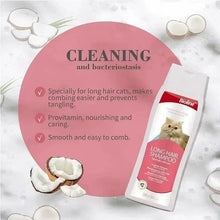 Long hair cat shampoo bottle with “Cleaning and bacteriostasis” label