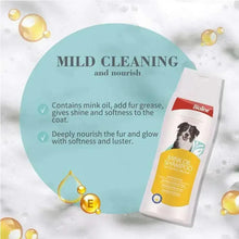 Bioline mink oil dog shampoo bottle with mild cleaning callout