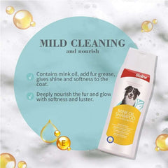 Bioline mink oil dog shampoo bottle featuring benefits of mild cleaning and nourishment for the coat