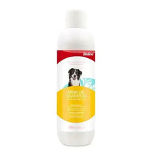 Dog shampoo bottle, Bioline Mink Oil, white with red cap and yellow label