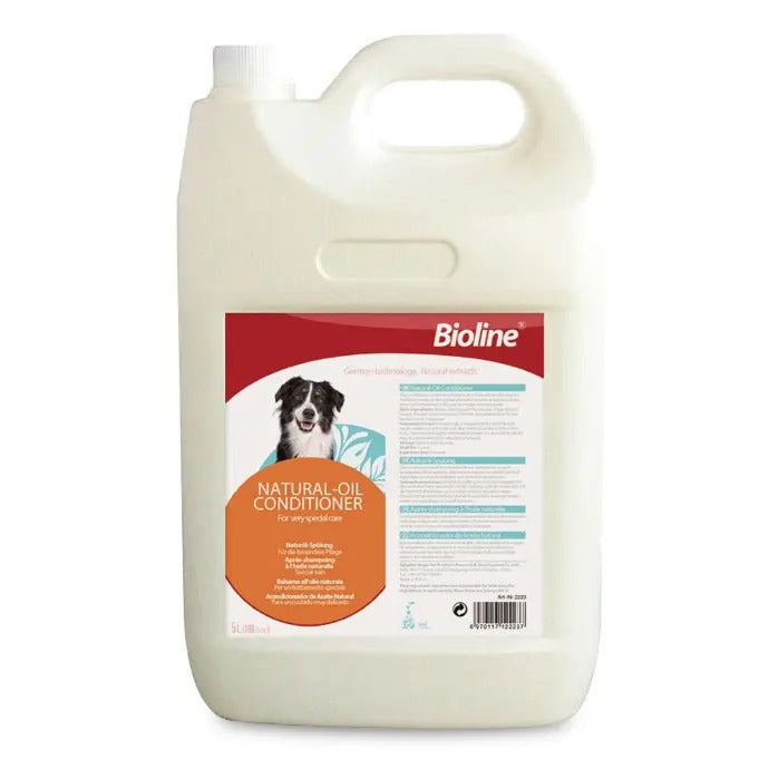 Bioline natural oil conditioner 5L for pets, promoting healthy, shiny coats for dogs and other animals