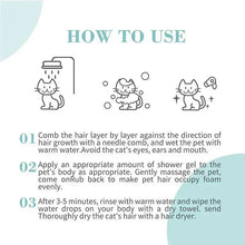 Cat shampoo usage instructions panel with step icons