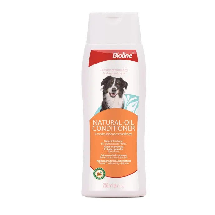 Bioline natural oil conditioner for dogs in a 250ml bottle, perfect for hydration and shine