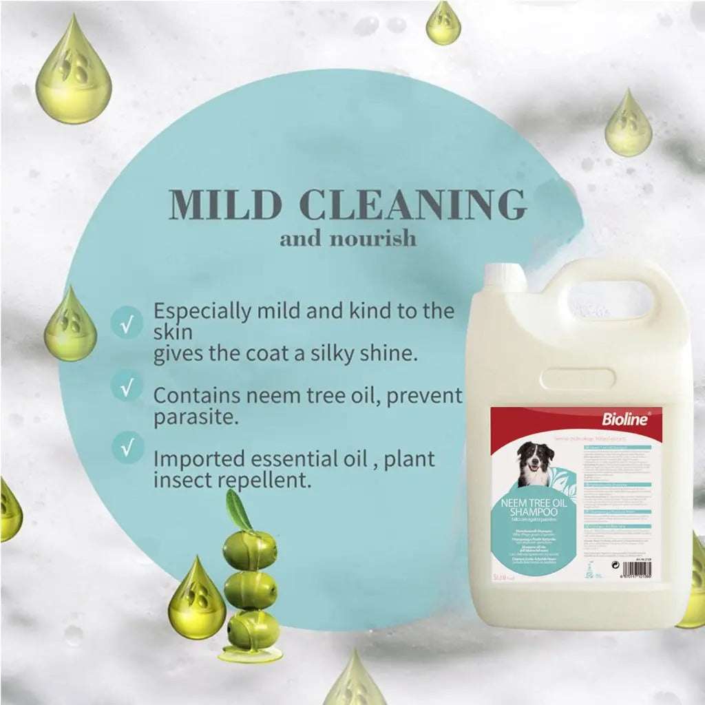 Bioline neem dog shampoo 5L with neem tree oil for gentle cleaning and insect repellent benefits
