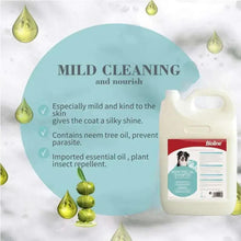 Bioline Neem Tree Oil dog shampoo, mild cleaning formula, white jug with teal label