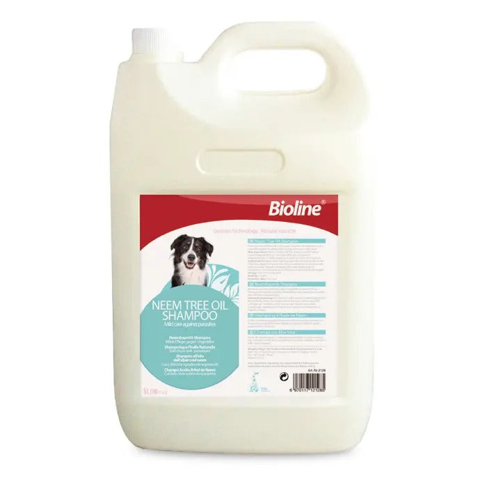Bioline neem dog shampoo 5L in a plastic bottle for effective pet care and grooming