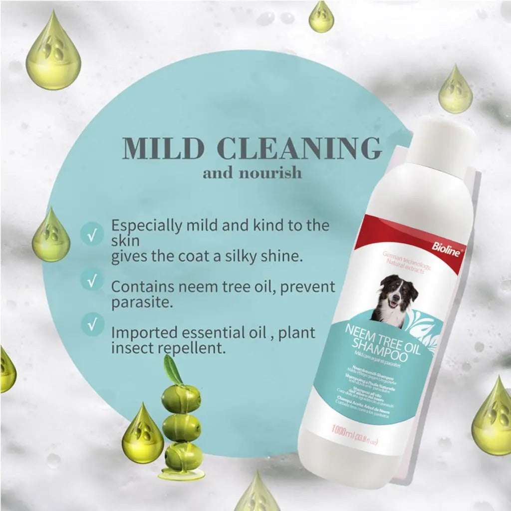 Bioline neem dog shampoo bottle with benefits for skin and coat cleaning and conditioning