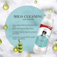 Dog neem tree oil shampoo bottle with teal label, red band and white cap