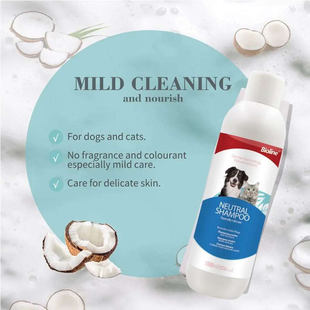 Bioline neutral shampoo 1L for dogs and cats, providing mild cleaning and nourishment for delicate skin